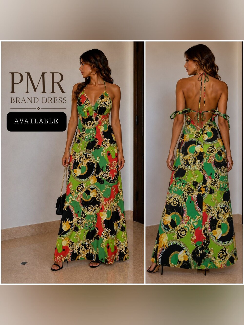 PMR Green Multi-Print Backless Halter Maxi Dress
